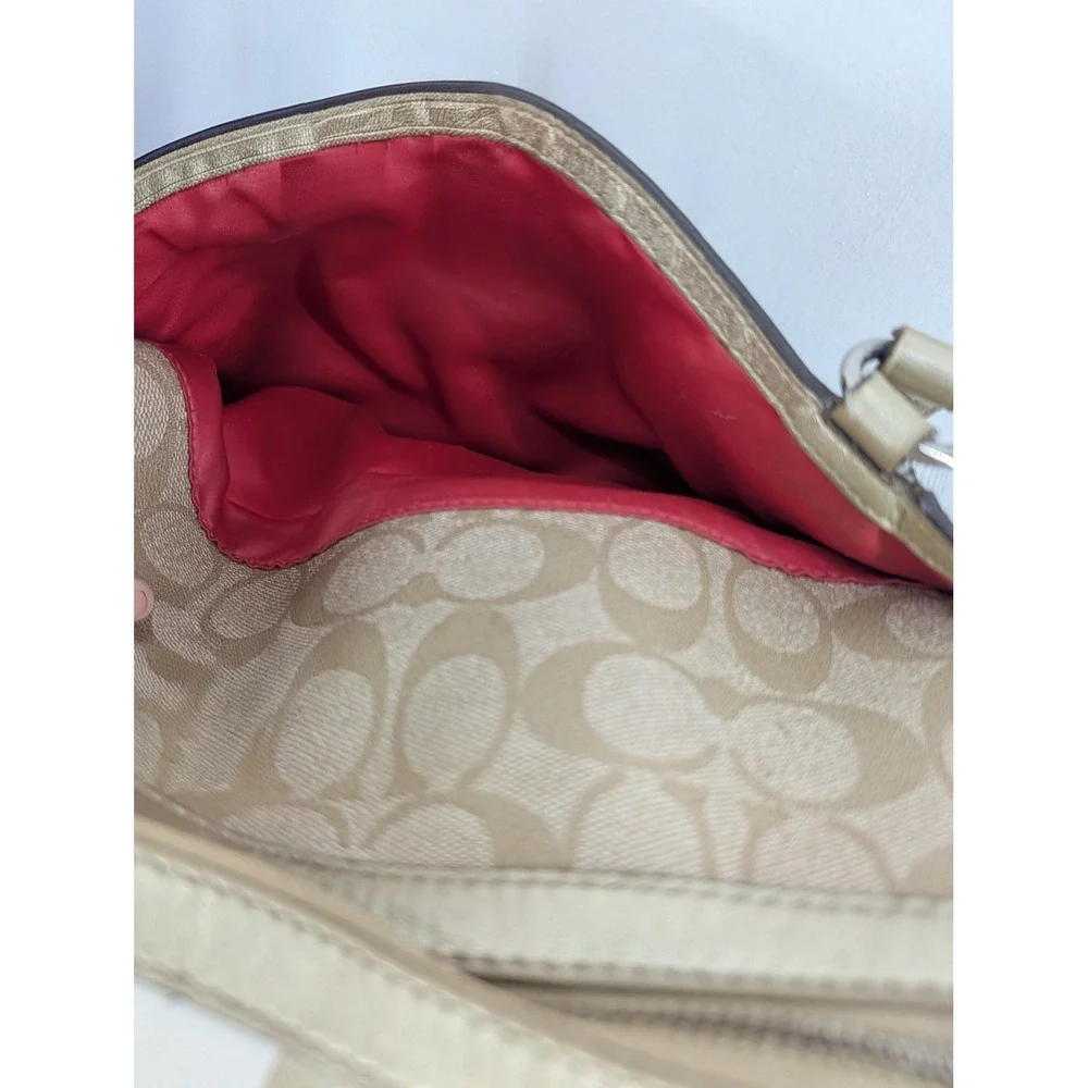 Coach Heritage Stripe Satchel Khaki Gold Signature Canvas Bag F14478
